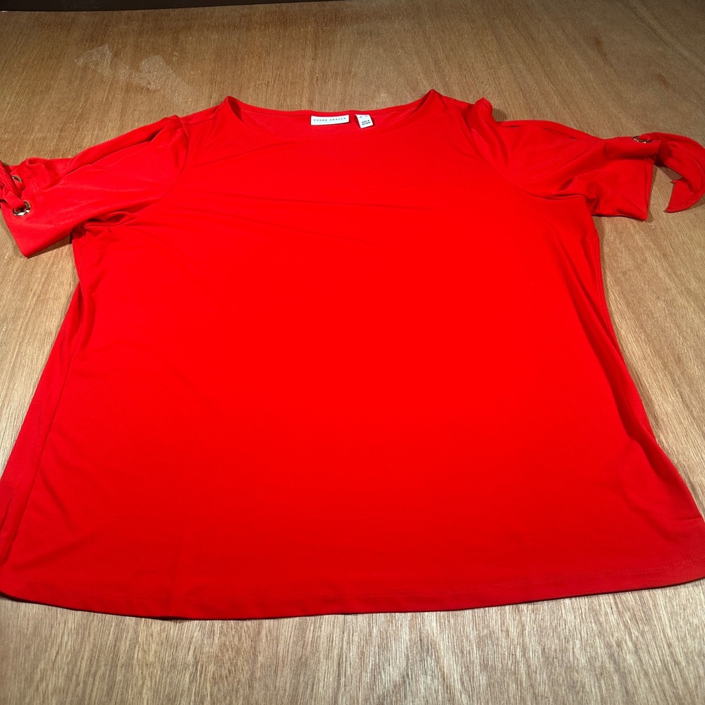 Susan Graver Top Women XL Red Liquid Knit Cold Shoulder Grommet Tie